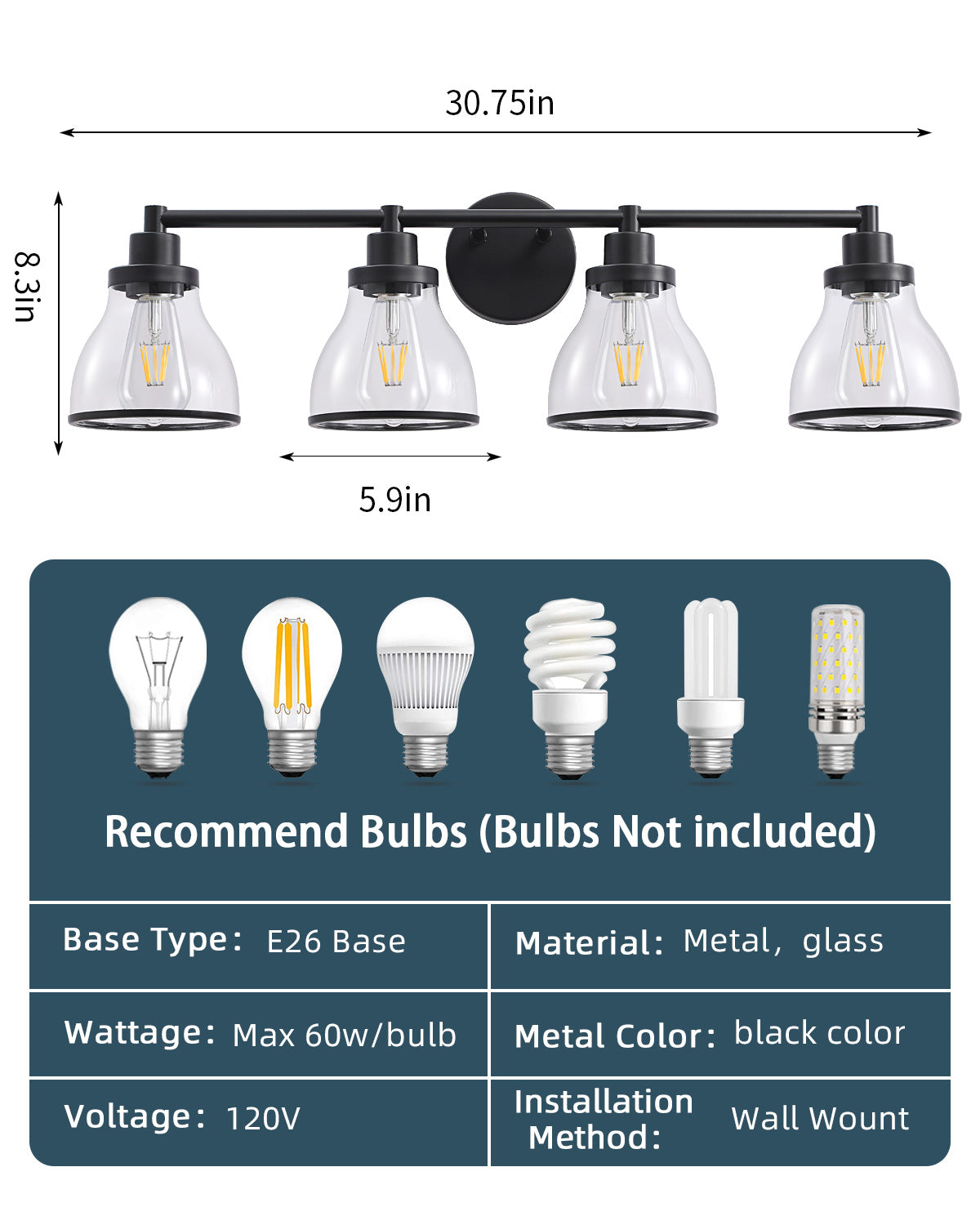 Hermosa Black 4-Light Bathroom Vanity Light