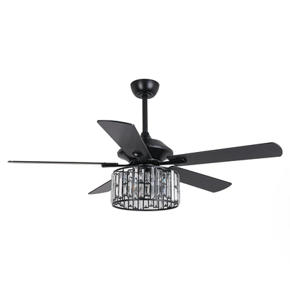 52" Crystal Ceiling Fan with Light & Remote – Black 5-Blade, DC Motor, Large Room