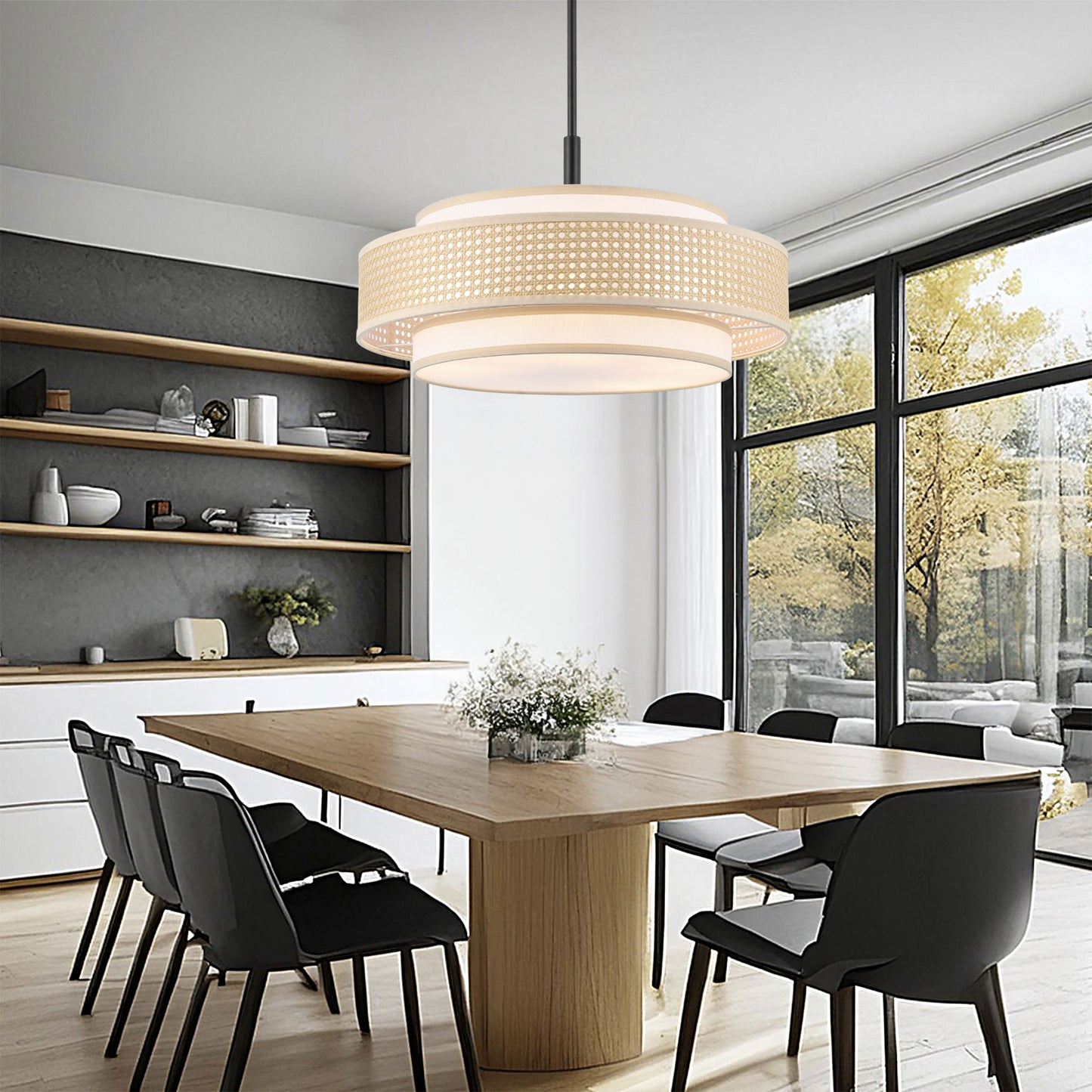 Modern Chandelier Black 24" 5-Light Woven Rattan Shade