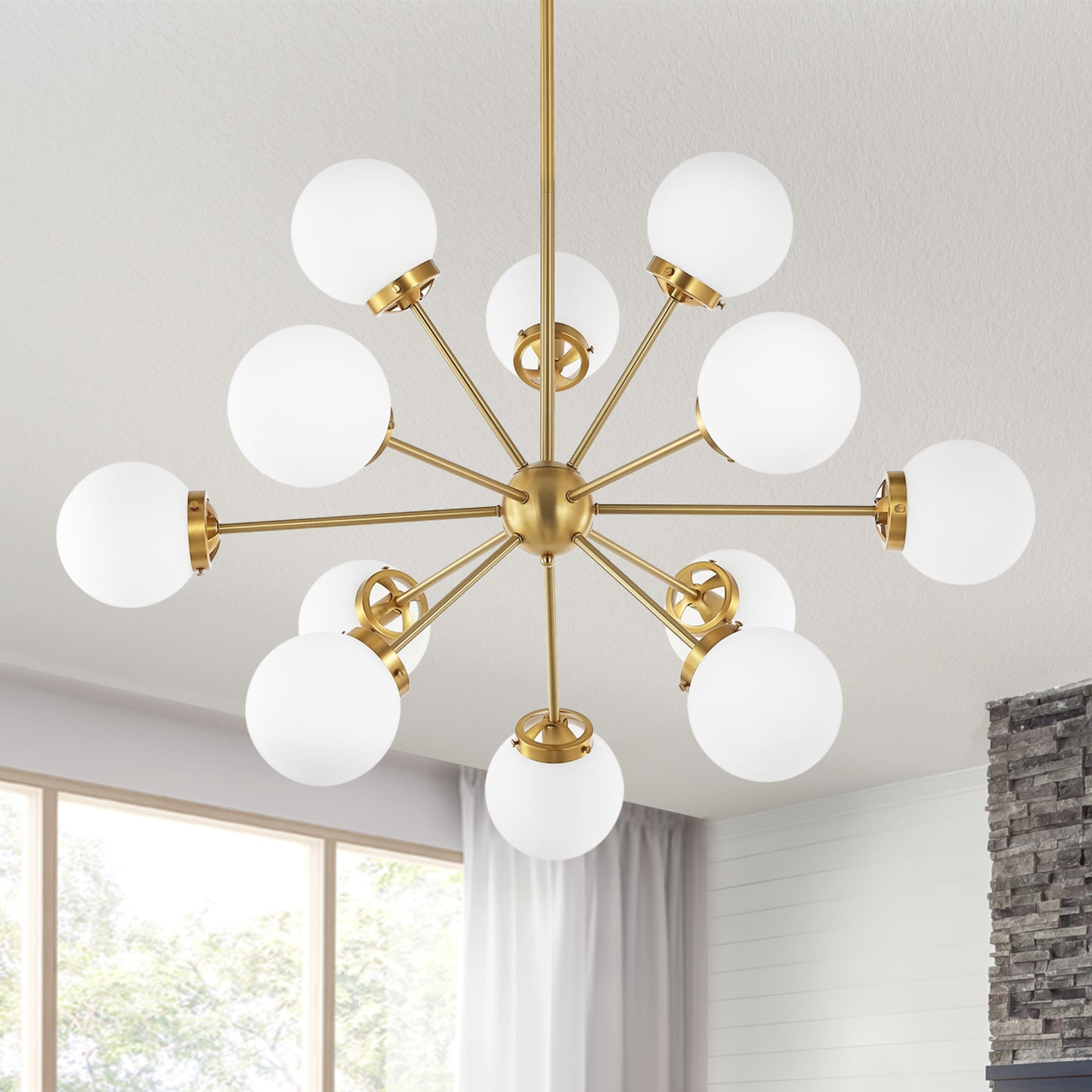 Modern Chandelier Sputnik Brass 12-Light Opal Glass 39"