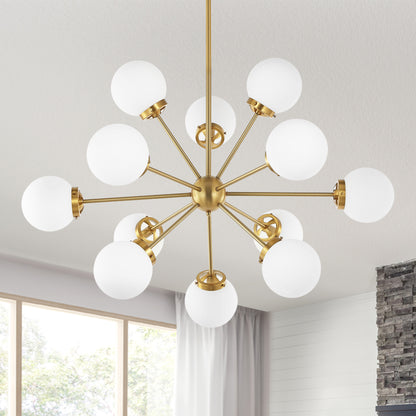 Modern Chandelier Sputnik Brass 12-Light Opal Glass 39"