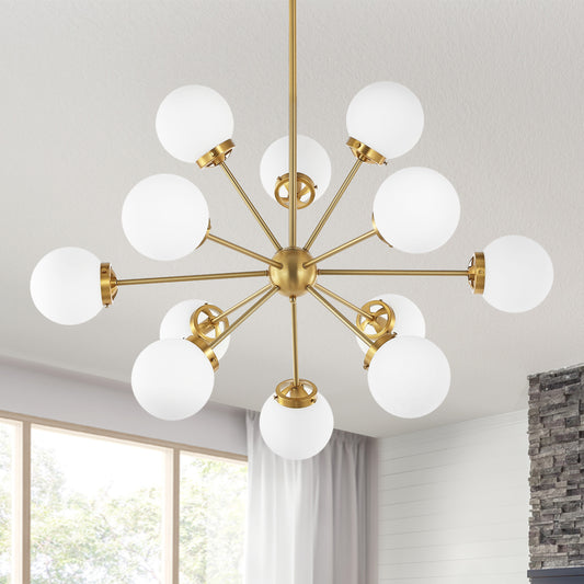 Modern Chandelier Sputnik Brass 12-Light Opal Glass 39"