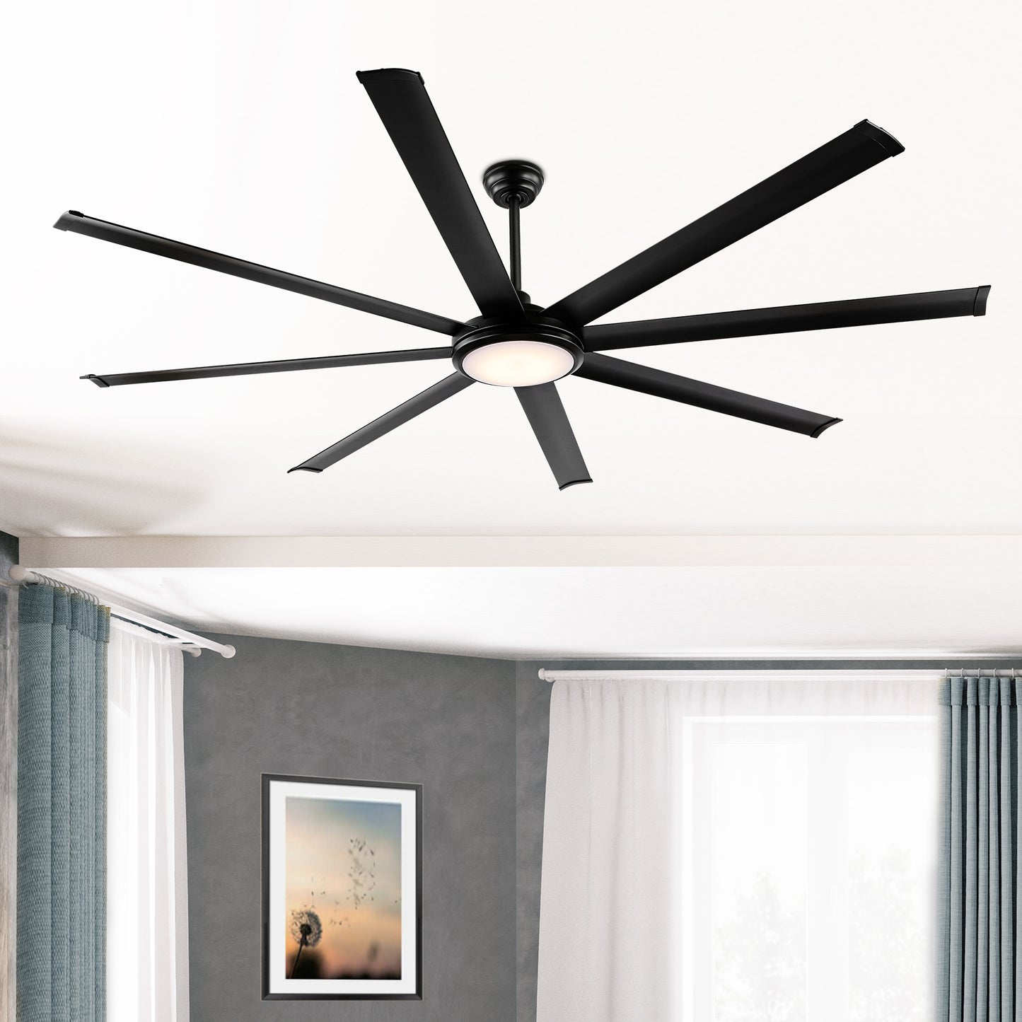 80" Matte Black Ceiling Fan with LED Light and Remote – 8-Blade Large Room Fan