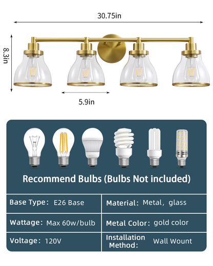 Hermosa Gold 4-Light Bathroom Vanity Light