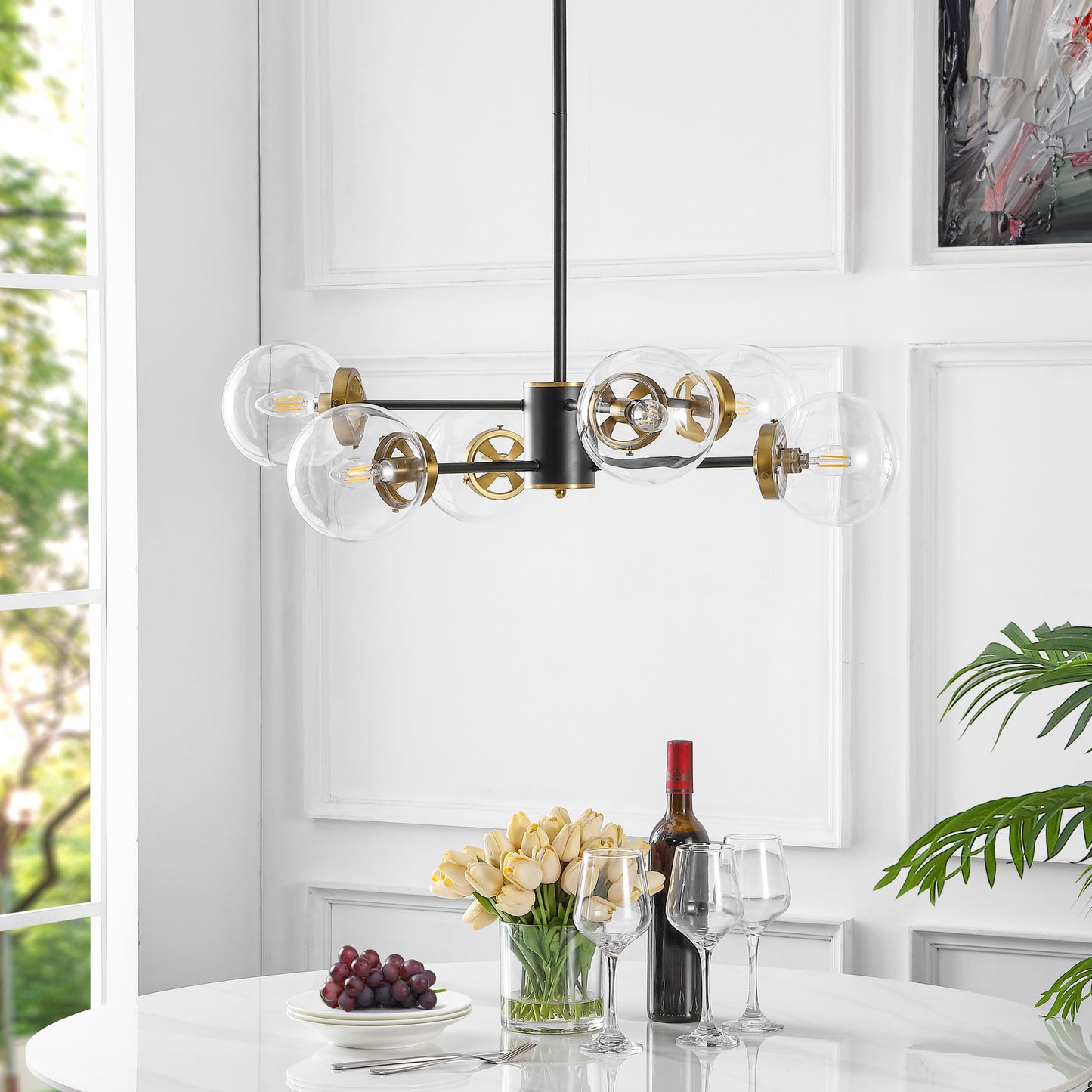 Modern Chandelier Sputnik Black Brass 6-Light Glass 30"