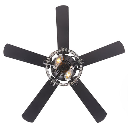 52" Crystal Ceiling Fan with Light & Remote – Black 5-Blade, DC Motor, Large Room