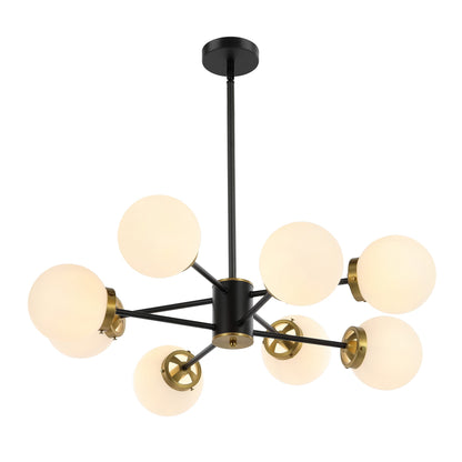 Modern Chandelier Sputnik Black Brass 8-Light Opal Glass 32"