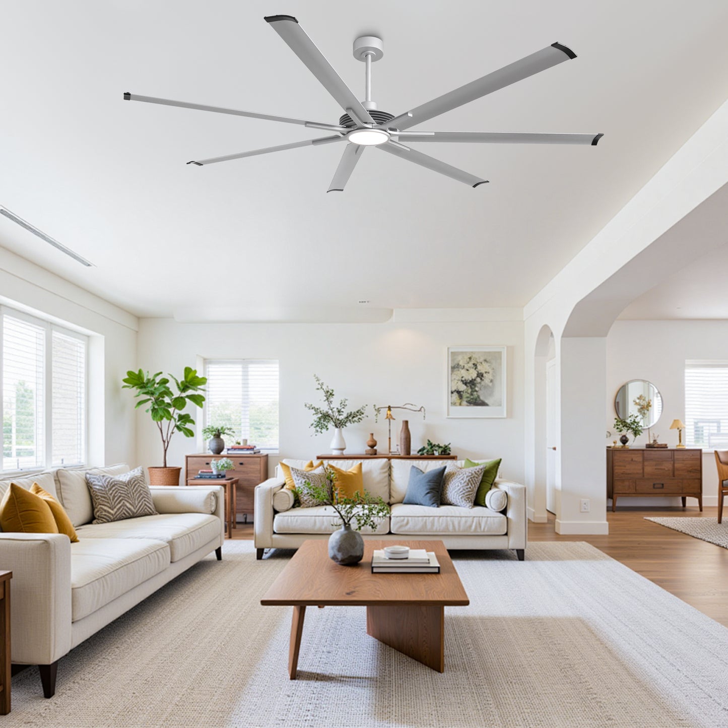 Ceiling Fan Industrial 100" Modern Silver 7-Blade LED Light