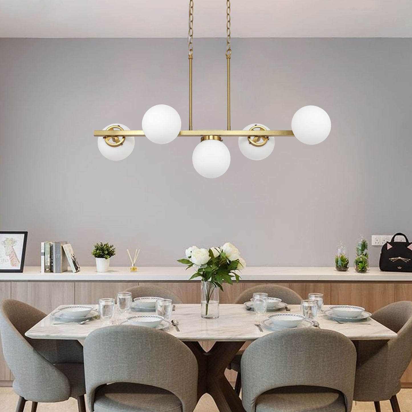 Modern Chandelier Sputnik Brass 5-Light Opal Glass 36"