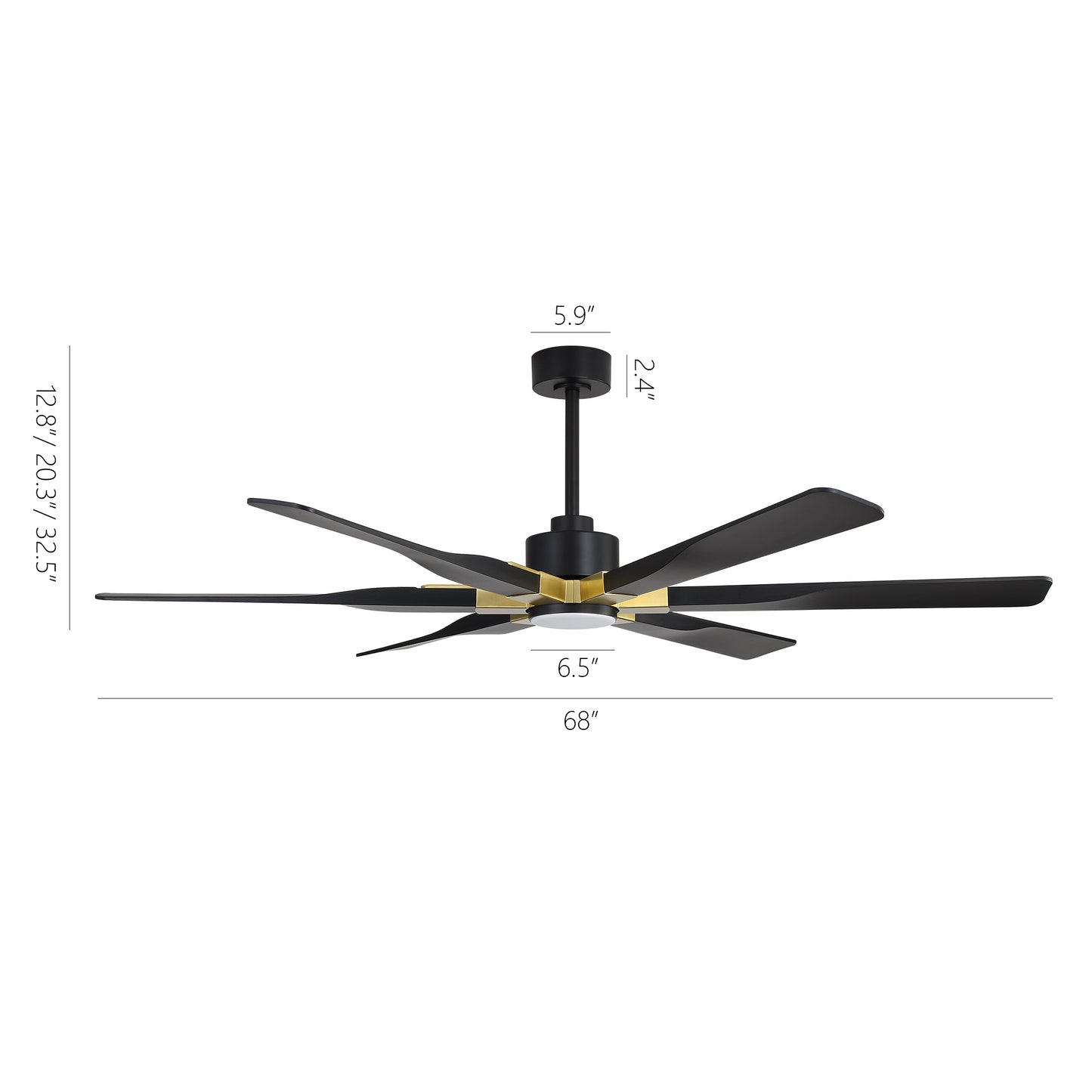 68" Black Ceiling Fan with Gold Accents and LED Light – 6-Blade Modern Remote Fan
