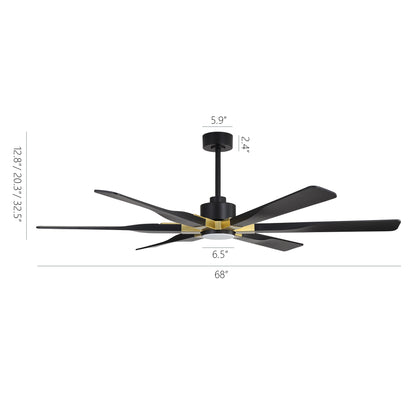68" Black Ceiling Fan with Gold Accents and LED Light – 6-Blade Modern Remote Fan