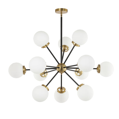Modern Chandelier Sputnik Black Brass 12-Light Opal Glass