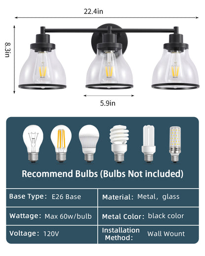 Hermosa Black 3-Light Bathroom Vanity Light