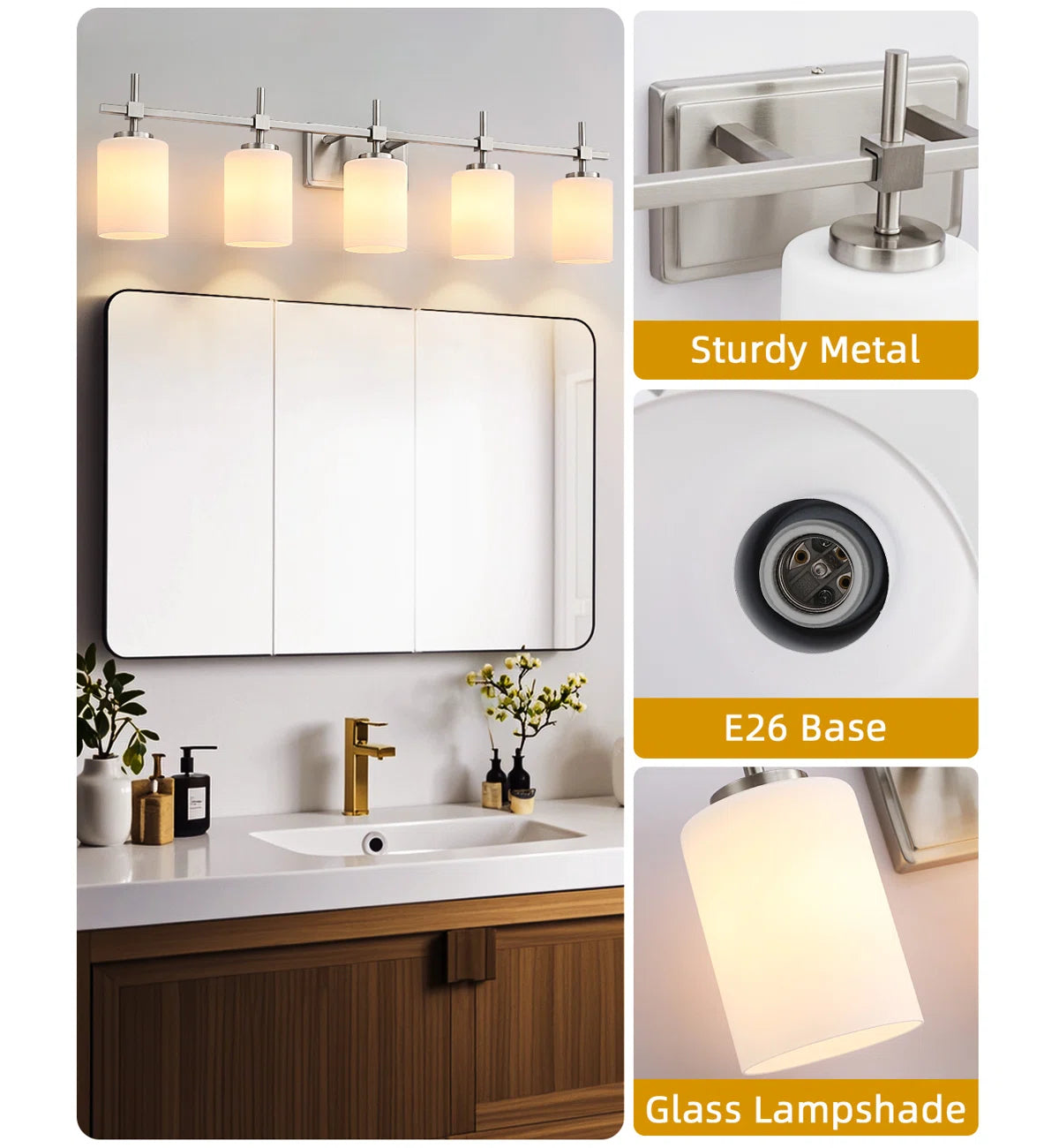 Jasper Brushed Nickel Frosted Glass 5-Light Bathroom Vanity Light