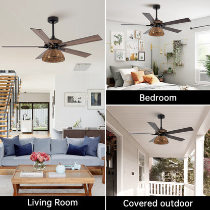 BreezeLite 52" Farmhouse Matte Black Rattan Ceiling Fan