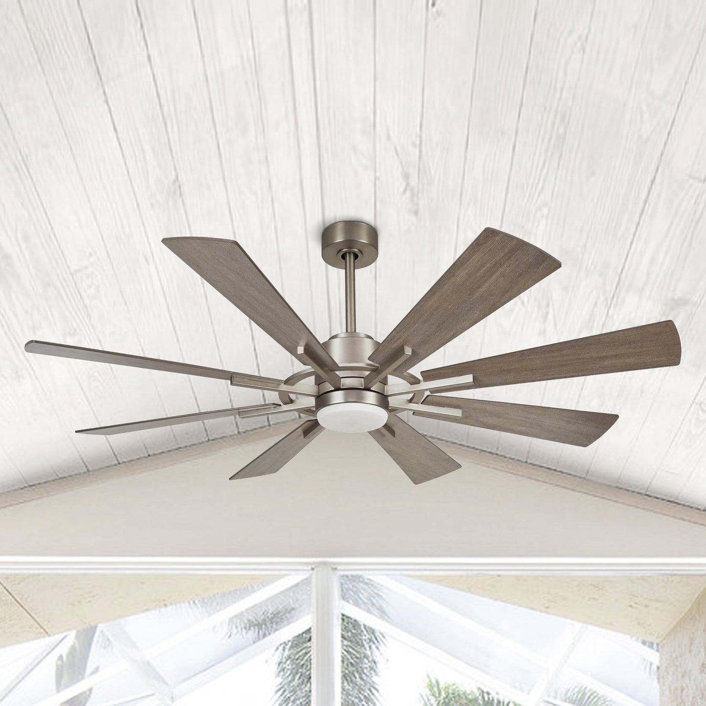60" Windmill Ceiling Fan with Light & Remote – Farmhouse Nickel, 8-Blade, DC Motor, Indoor/Outdoor