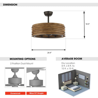 24" Farmhouse Reversible Fandelier Ceiling Fan with Light