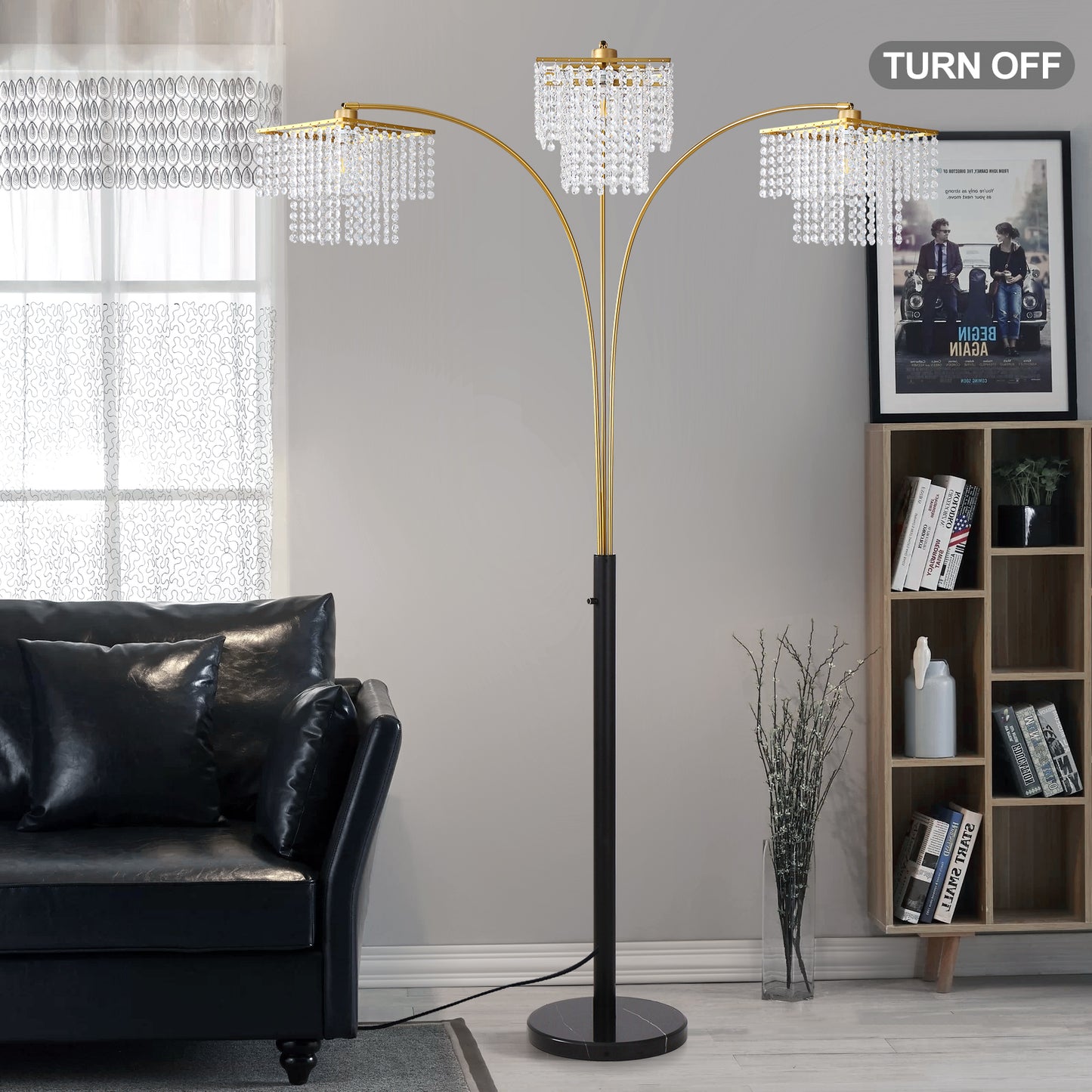 Brio 90" 3-Light Modern Gold Crystal Arc Floor Lamp