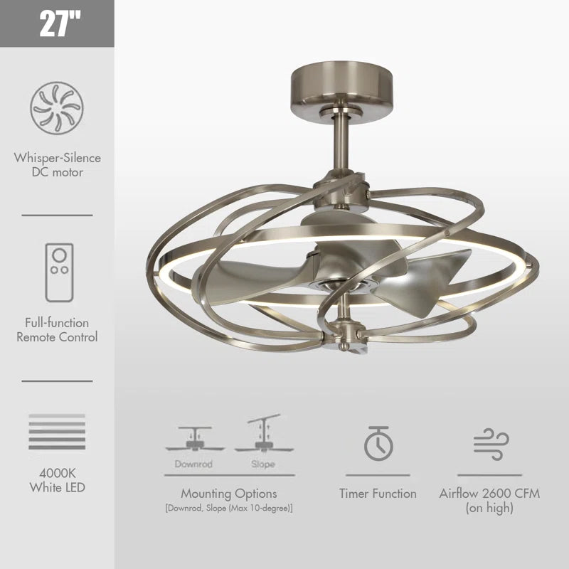 27" Modern Fandelier Ceiling Fan with Light & Remote – Satin Nickel, 3-Blade, DC Motor