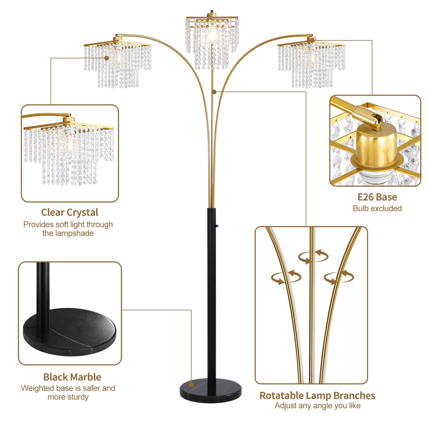 Brio 90" 3-Light Modern Gold Crystal Arc Floor Lamp