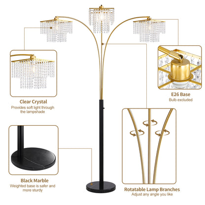 Brio 90" 3-Light Modern Gold Crystal Arc Floor Lamp