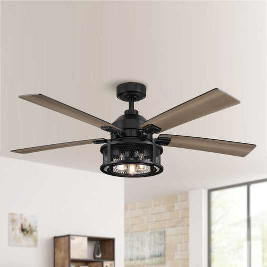 52" 5-Blade Industrial Black Reversible Ceiling Fan with Light