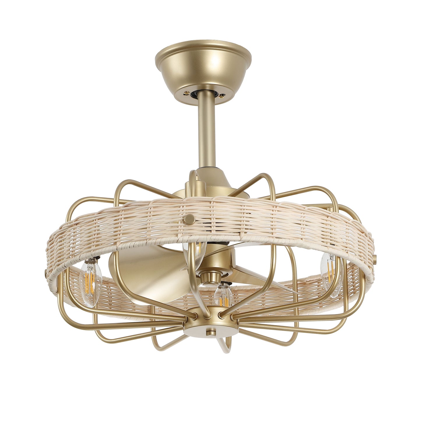 18" Gold Beige Rattan Fandelier Ceiling Fan with Light – Semi Flush Mount with Remote