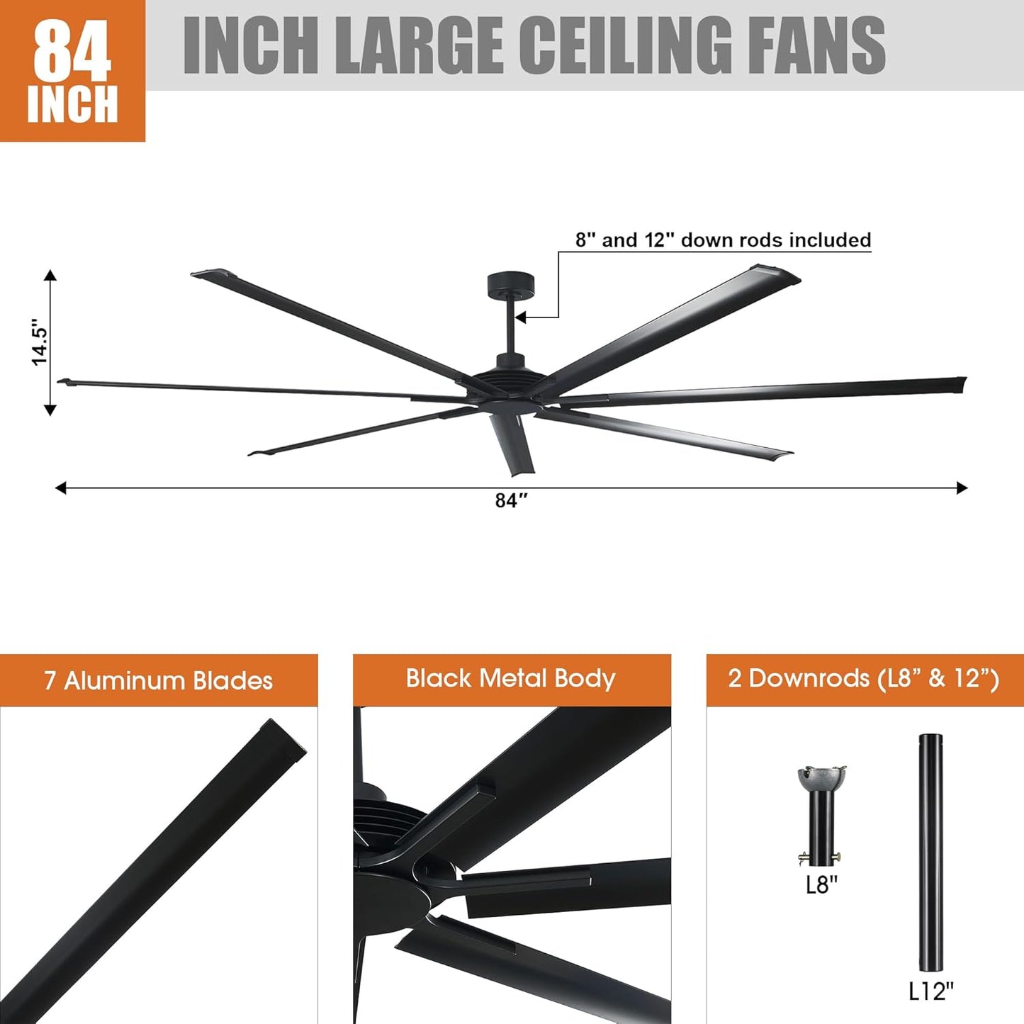 Ceiling Fan Modern 84" Industrial 7-Blade Black Metal