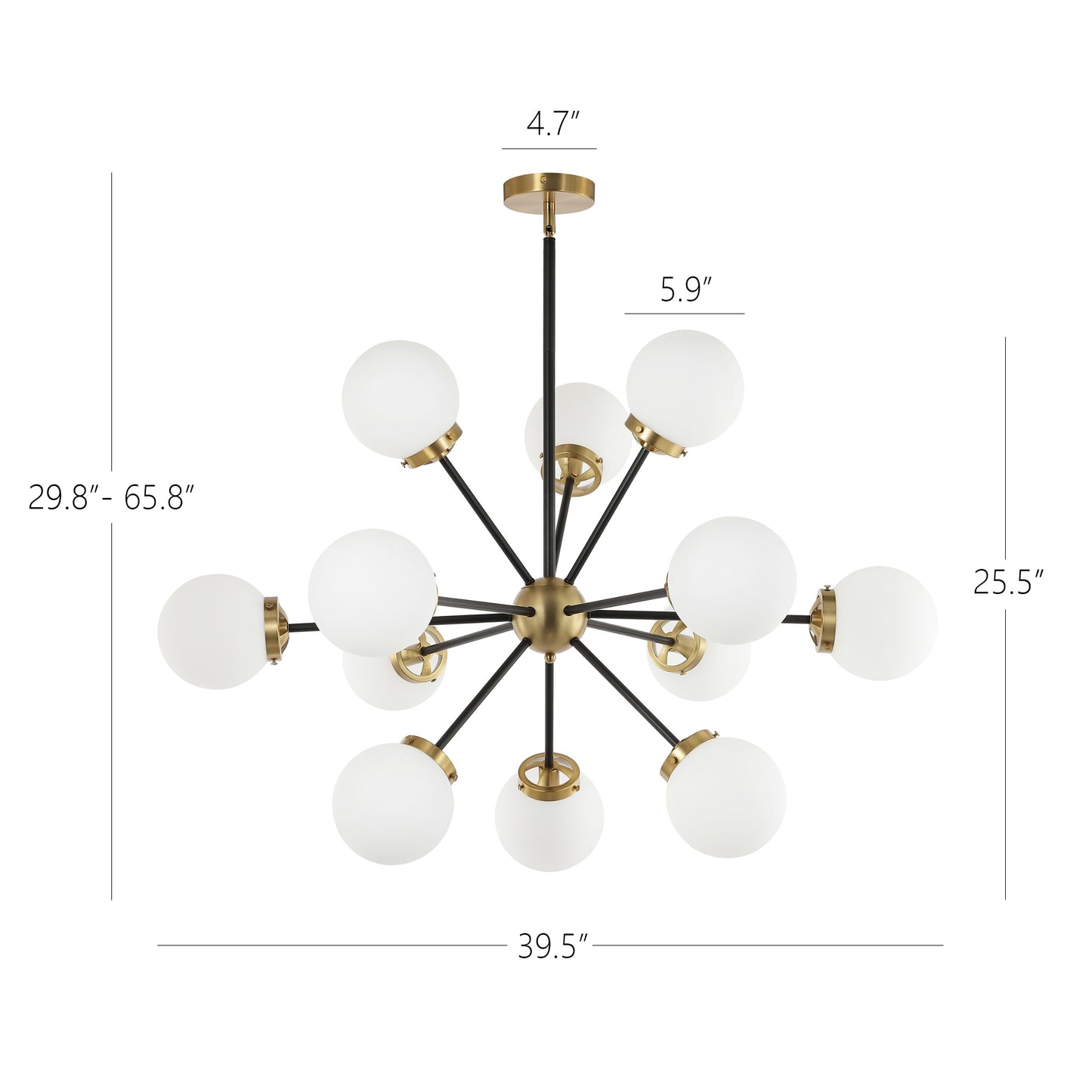 Modern Chandelier Sputnik Black Brass 12-Light Opal Glass