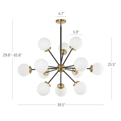 Modern Chandelier Sputnik Black Brass 12-Light Opal Glass