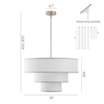 Modern Chandelier 24" 5-Light Nickel Tiered Drum Linen Shade