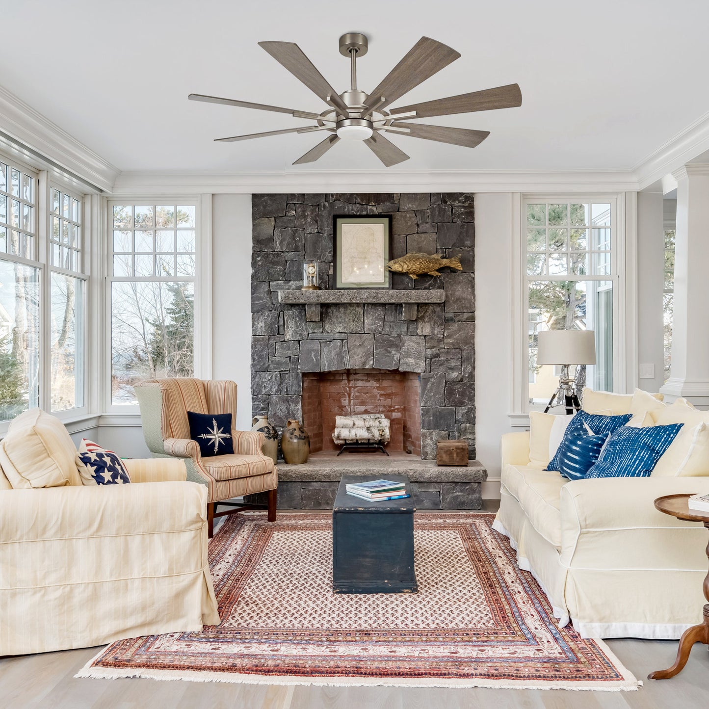 60" Windmill Ceiling Fan with Light & Remote – Farmhouse Nickel, 8-Blade, DC Motor, Indoor/Outdoor