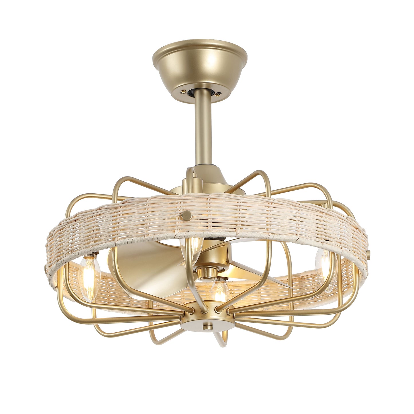 18" Gold Beige Rattan Fandelier Ceiling Fan with Light – Semi Flush Mount with Remote