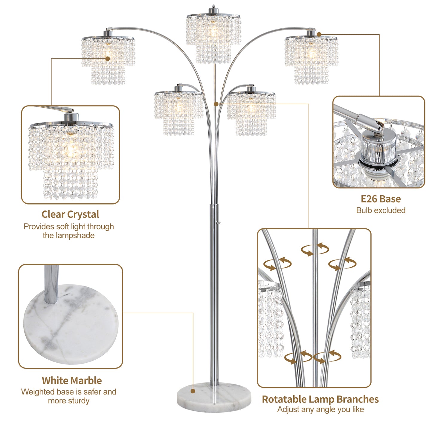Brio 80" 5-Light Modern Crystal Arc Floor Lamp