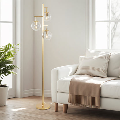 Floor Lamp Modern Brass 70" 3-Light Clear Glass Globes