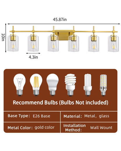 Jasper Gold Clear Glass 6-Light Bathroom Vanity Light