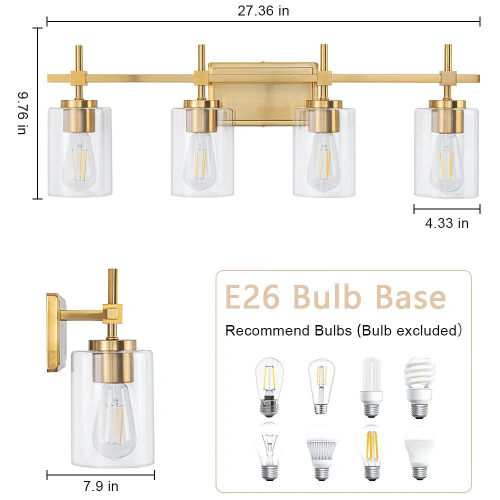 Jasper Gold Traditional Clear Glass 4-Light Bathroom Vanity Light