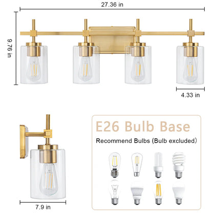 Jasper Gold Traditional Clear Glass 4-Light Bathroom Vanity Light