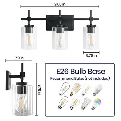 Jasper Black Clear Glass 3-Light Bathroom Vanity Light