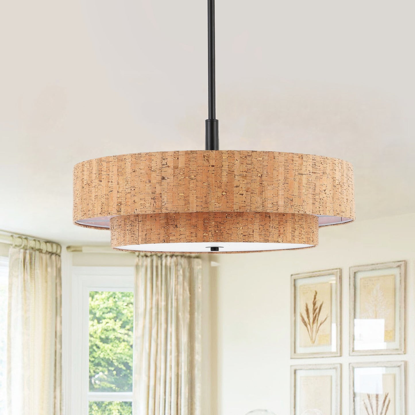 Modern Chandelier Natural Cork 24" 5-Light Black Fixture