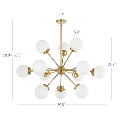 Modern Chandelier Sputnik Brass 12-Light Opal Glass 39"