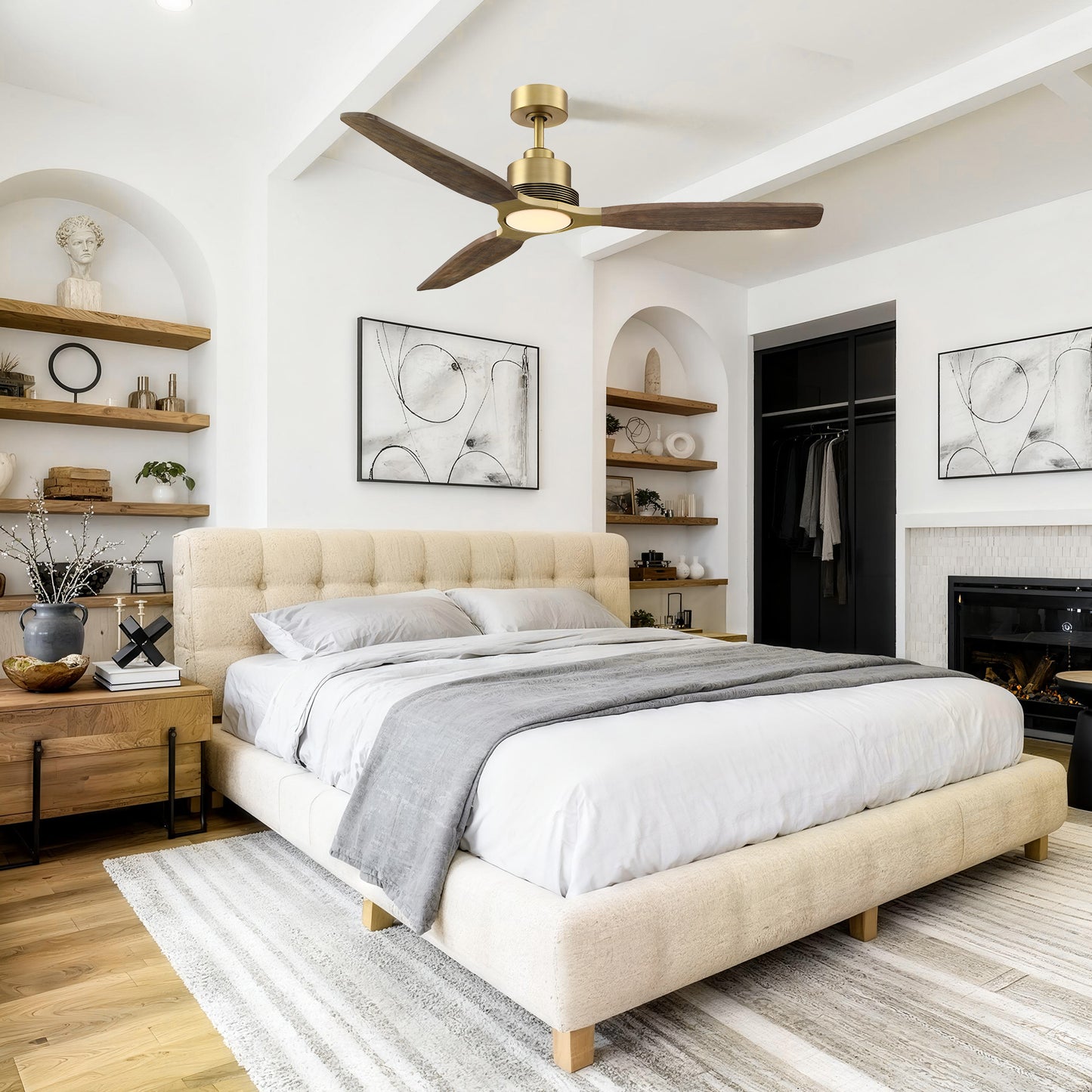 56" Gold Farmhouse Ceiling Fan with Light & Remote – 5-Blade, Quiet DC Motor, Indoor/Outdoor