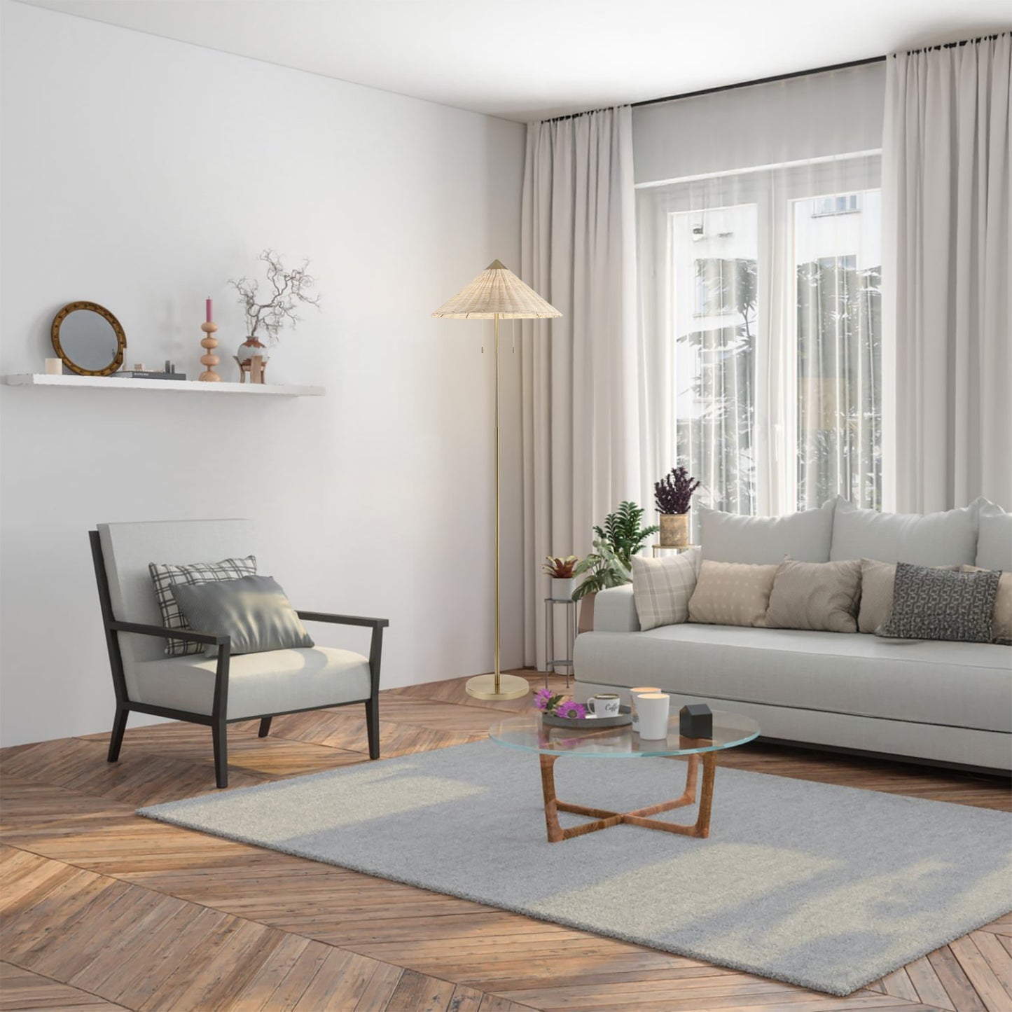 Floor Lamp Traditional Brass 65" 2-Light Rattan Shade