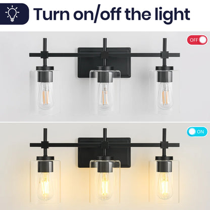 Jasper Black Clear Glass 3-Light Bathroom Vanity Light