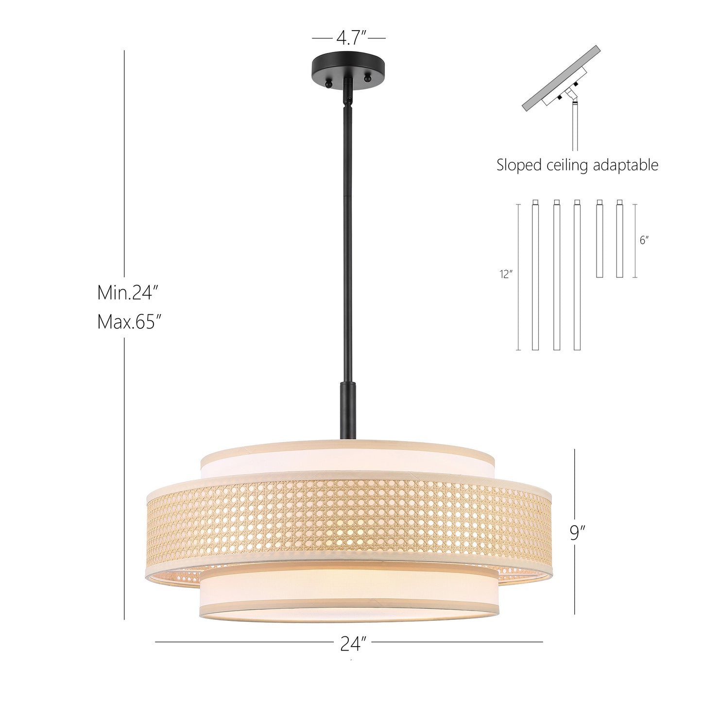 Modern Chandelier Black 24" 5-Light Woven Rattan Shade