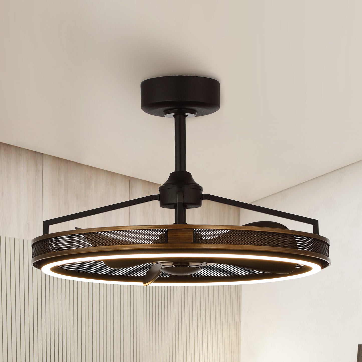 27" Modern Cage Ceiling Fan with Light & Remote – Matte Black, Quiet DC Motor, 3000K LED