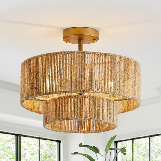 3-Light Coastal Jute Semi-Flush Mount Ceiling Light