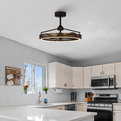 27" Modern Cage Ceiling Fan with Light & Remote – Matte Black, Quiet DC Motor, 3000K LED