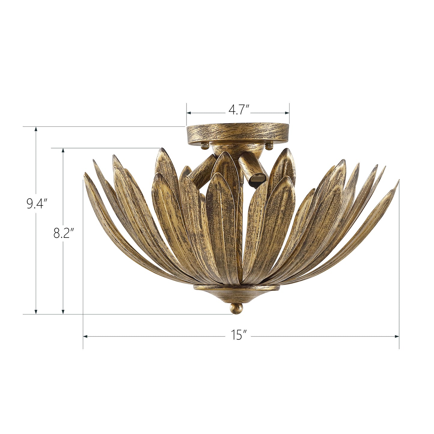Gold Semi-Flush Mount Light 15" Hand Painted 3-Light Fixture