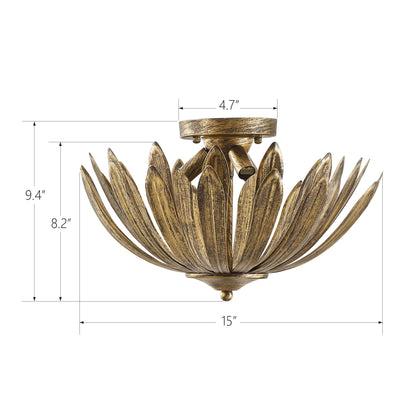 Gold Semi-Flush Mount Light 15" Hand Painted 3-Light Fixture